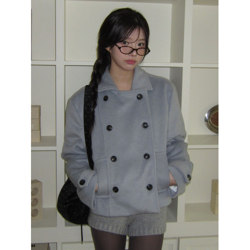 韓國復古學院風日系少女翻領雙排釦夾棉短款羊毛呢外套大衣