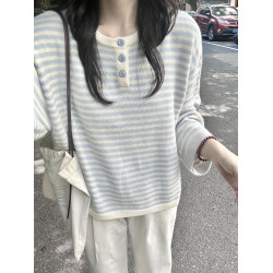 2025新款慵懶感藍色條紋撞色針織衫上衣秋季穿搭寬松毛衣女早秋季