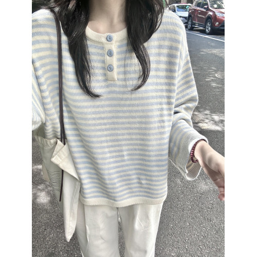 2025新款慵懶感藍色條紋撞色針織衫上衣秋季穿搭寬松毛衣女早秋季