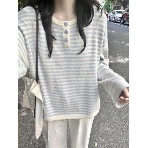 2025新款慵懶感藍色條紋撞色針織衫上衣秋季穿搭寬松毛衣女早秋季