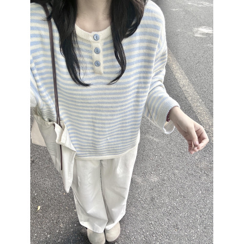 2025新款慵懶感藍色條紋撞色針織衫上衣秋季穿搭寬松毛衣女早秋季