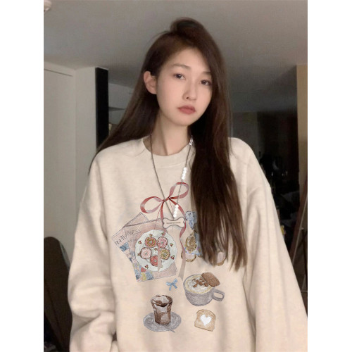 純棉美式復古無帽圓領衛衣女2025新款早秋薄款設計感寬松慵懶上衣 純棉美式復古無帽圓領衛衣女2025新款早秋薄款設計感寬松慵懶上衣