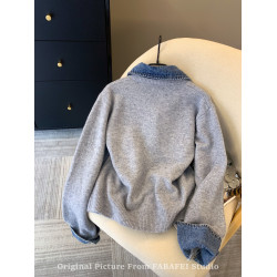 牛仔襯衫領拼接假兩件毛衣女秋冬2025新款韓系chic高級感針織外套