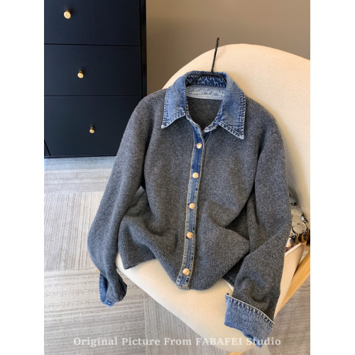 牛仔襯衫領拼接假兩件毛衣女秋冬2025新款韓系chic高級感針織外套