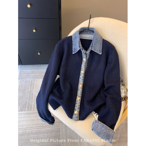 牛仔襯衫領拼接假兩件毛衣女秋冬2025新款韓系chic高級感針織外套