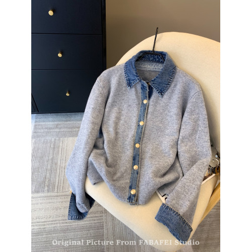 牛仔襯衫領拼接假兩件毛衣女秋冬2025新款韓系chic高級感針織外套