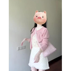 粉色條紋假兩件針織衫女早秋季氛圍感短款開衫毛衣外套高級感上衣