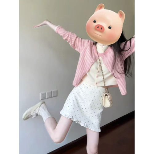 粉色條紋假兩件針織衫女早秋季氛圍感短款開衫毛衣外套高級感上衣