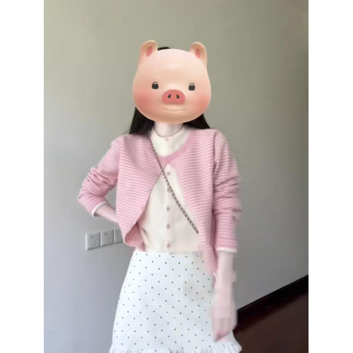 粉色條紋假兩件針織衫女早秋季氛圍感短款開衫毛衣外套高級感上衣