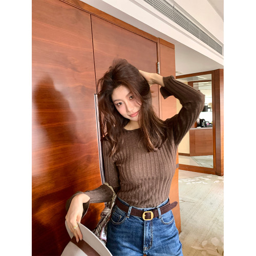 龍喜兒 秋冬羊毛坑條紋針織衫女圓領長袖修身顯瘦打底衫上衣J560