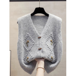 復古V領綉花針織馬甲女無袖開衫外搭毛衣坎肩2025新款寬松慵懶風