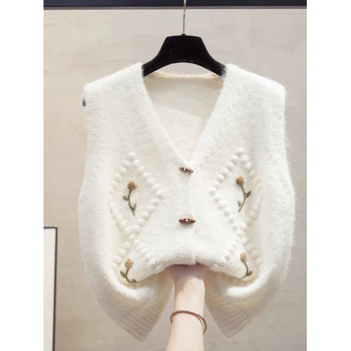 復古V領綉花針織馬甲女無袖開衫外搭毛衣坎肩2025新款寬松慵懶風