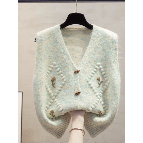 復古V領綉花針織馬甲女無袖開衫外搭毛衣坎肩2025新款寬松慵懶風