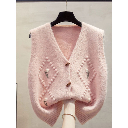 復古V領綉花針織馬甲女無袖開衫外搭毛衣坎肩2025新款寬松慵懶風