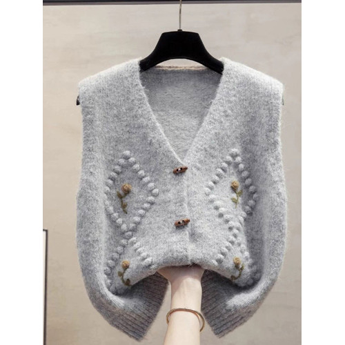 復古V領綉花針織馬甲女無袖開衫外搭毛衣坎肩2025新款寬松慵懶風