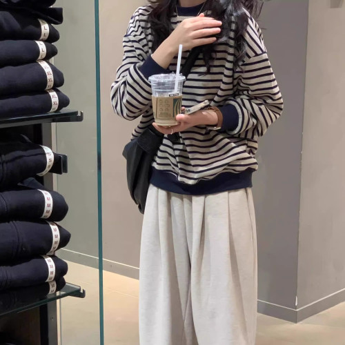 復古條紋長袖圓領衛衣女秋裝2024新款寬鬆設計感休閒毛衣針織上衣