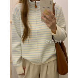 YOULI尤梨秋冬韓系復古拉鍊設計感內搭毛衣藍白條紋撞色針織開衫