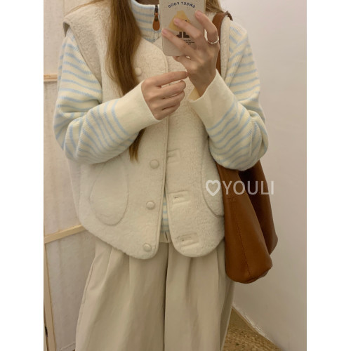 YOULI尤梨秋冬韓系復古拉鍊設計感內搭毛衣藍白條紋撞色針織開衫