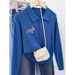 克萊因藍色胖mm正肩長袖針織打底衫秋冬洋氣減齡polo領大碼上衣女