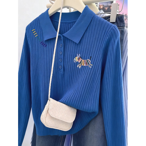 克萊因藍色胖mm正肩長袖針織打底衫秋冬洋氣減齡polo領大碼上衣女 克萊因藍色胖mm正肩長袖針織打底衫秋冬洋氣減齡polo領大碼上衣女