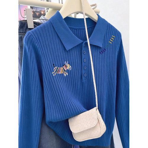 克萊因藍色胖mm正肩長袖針織打底衫秋冬洋氣減齡polo領大碼上衣女 克萊因藍色胖mm正肩長袖針織打底衫秋冬洋氣減齡polo領大碼上衣女