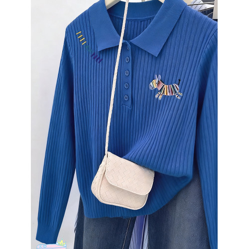 克萊因藍色胖mm正肩長袖針織打底衫秋冬洋氣減齡polo領大碼上衣女 克萊因藍色胖mm正肩長袖針織打底衫秋冬洋氣減齡polo領大碼上衣女