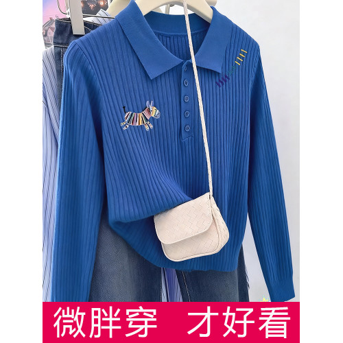 克萊因藍色胖mm正肩長袖針織打底衫秋冬洋氣減齡polo領大碼上衣女 克萊因藍色胖mm正肩長袖針織打底衫秋冬洋氣減齡polo領大碼上衣女