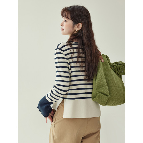 「北島AMUU原創」撞色條紋側開叉針織衫女秋冬新款純棉長袖短上衣 「北島AMUU原創」撞色條紋側開叉針織衫女秋冬新款純棉長袖短上衣