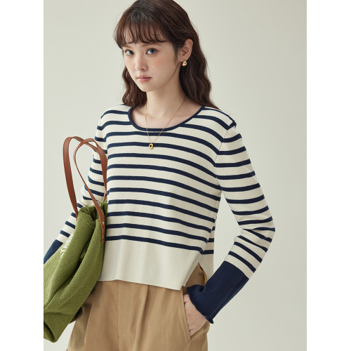 「北島AMUU原創」撞色條紋側開叉針織衫女秋冬新款純棉長袖短上衣 「北島AMUU原創」撞色條紋側開叉針織衫女秋冬新款純棉長袖短上衣