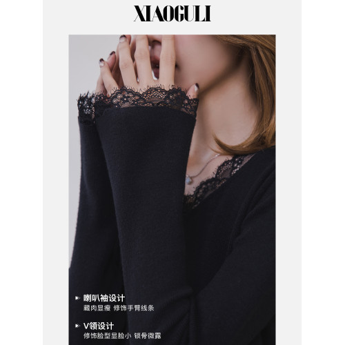 小穀粒氧氣針織衫 蕾絲邊設計感毛衣女秋季新款v領百搭顯瘦上衣