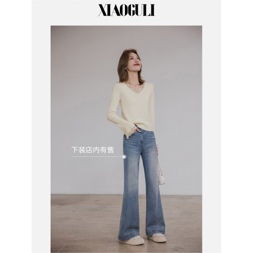 小穀粒氧氣針織衫 蕾絲邊設計感毛衣女秋季新款v領百搭顯瘦上衣