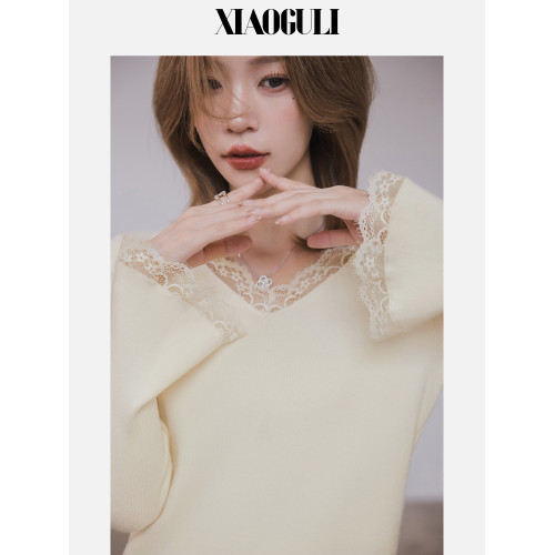 小穀粒氧氣針織衫 蕾絲邊設計感毛衣女秋季新款v領百搭顯瘦上衣