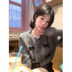 PPHOME立體蝴蝶結圓領毛衣短外套女秋季甜美寬松外搭韓系針織開衫