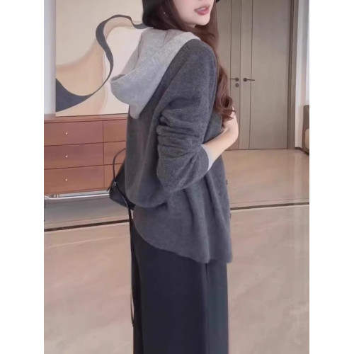 大碼韓系連帽假兩件針織毛衣女秋季2025新款胖mm時尚百搭休閒上衣