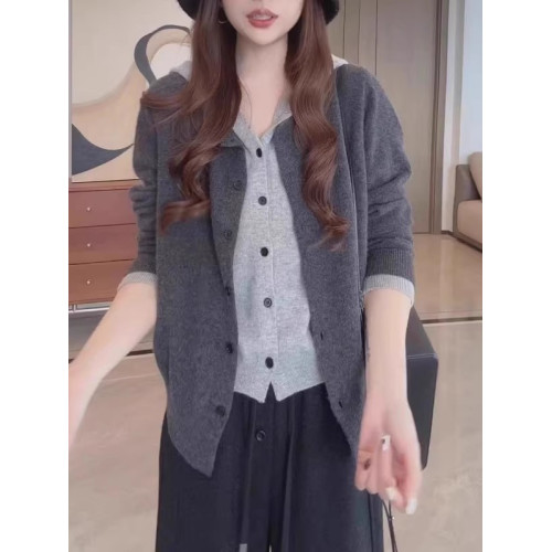 大碼韓系連帽假兩件針織毛衣女秋季2025新款胖mm時尚百搭休閒上衣