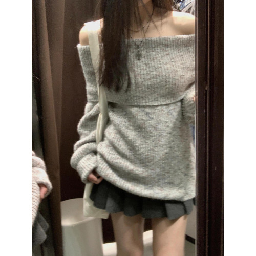 法式一字肩套頭毛衣女秋冬季針織衫高級感露肩穿搭氣質小個子上衣 法式一字肩套頭毛衣女秋冬季針織衫高級感露肩穿搭氣質小個子上衣