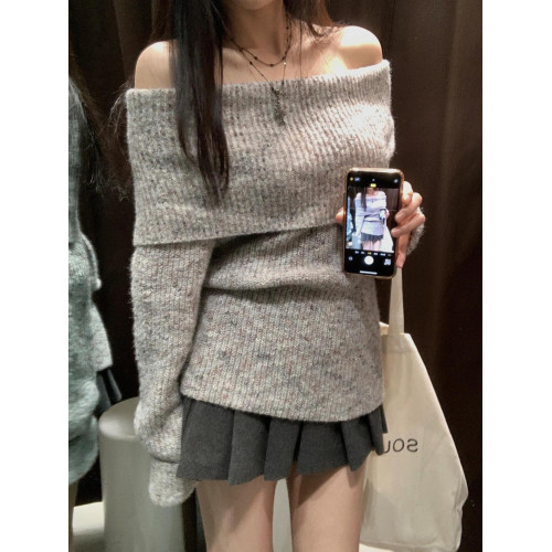 法式一字肩套頭毛衣女秋冬季針織衫高級感露肩穿搭氣質小個子上衣 法式一字肩套頭毛衣女秋冬季針織衫高級感露肩穿搭氣質小個子上衣