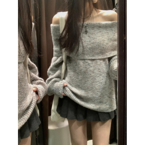 法式一字肩套頭毛衣女秋冬季針織衫高級感露肩穿搭氣質小個子上衣 法式一字肩套頭毛衣女秋冬季針織衫高級感露肩穿搭氣質小個子上衣