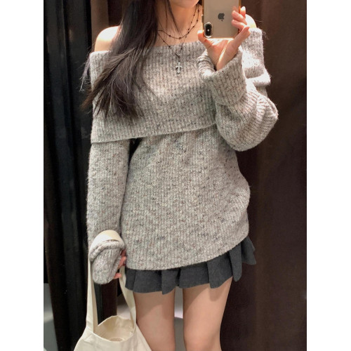 法式一字肩套頭毛衣女秋冬季針織衫高級感露肩穿搭氣質小個子上衣 法式一字肩套頭毛衣女秋冬季針織衫高級感露肩穿搭氣質小個子上衣