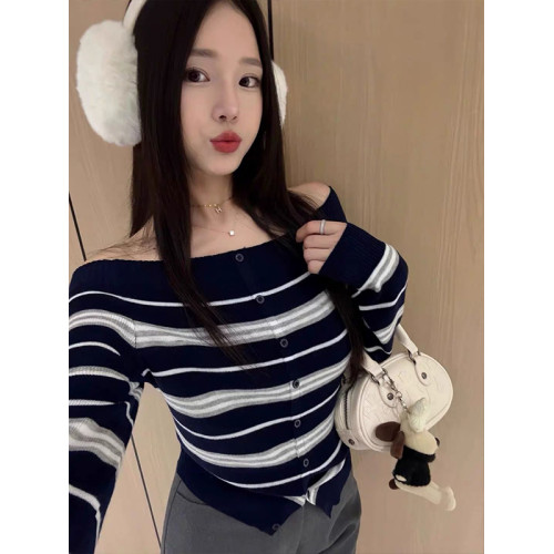 復古撞色條紋氣質一字領針織小衫秋冬季2025新款修身顯瘦露肩上衣