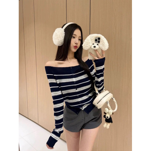 復古撞色條紋氣質一字領針織小衫秋冬季2025新款修身顯瘦露肩上衣