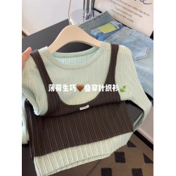 設計感假兩件撞色圓領針織衫女2025早秋大碼胖MM顯瘦百搭長袖上衣