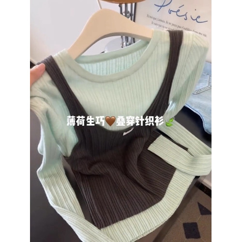 設計感假兩件撞色圓領針織衫女2025早秋大碼胖MM顯瘦百搭長袖上衣