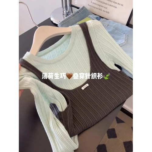 設計感假兩件撞色圓領針織衫女2025早秋大碼胖MM顯瘦百搭長袖上衣