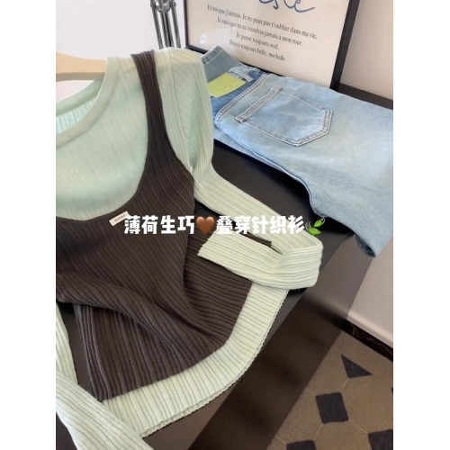 設計感假兩件撞色圓領針織衫女2025早秋大碼胖MM顯瘦百搭長袖上衣