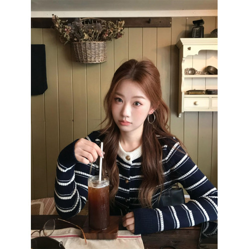 港風chic甜酷風修身條紋長袖針織衫女春秋設計感休閒小香風上衣潮