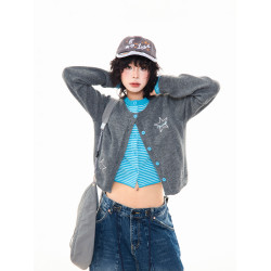 MIKYO 美式復古星星條紋假兩件針織毛衣女早秋撞色慵懶感開衫上衣