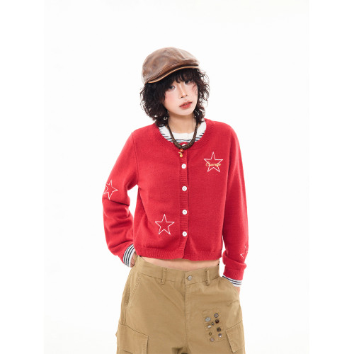 MIKYO 美式復古星星條紋假兩件針織毛衣女早秋撞色慵懶感開衫上衣 MIKYO 美式復古星星條紋假兩件針織毛衣女早秋撞色慵懶感開衫上衣