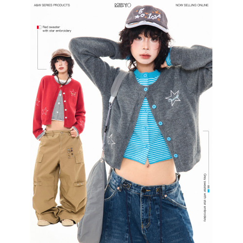 MIKYO 美式復古星星條紋假兩件針織毛衣女早秋撞色慵懶感開衫上衣 MIKYO 美式復古星星條紋假兩件針織毛衣女早秋撞色慵懶感開衫上衣