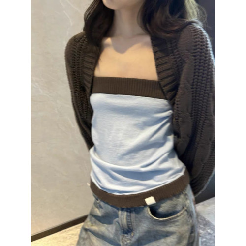 PlaceOrder 韓國小衆拼接撞色針織修身羊毛抹胸女秋休閒百搭上衣